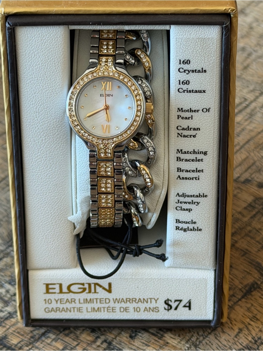NEW! Elgin Crystal Watch Mother of Pearl Watch 23.5mm + Matching Bracelet NIB